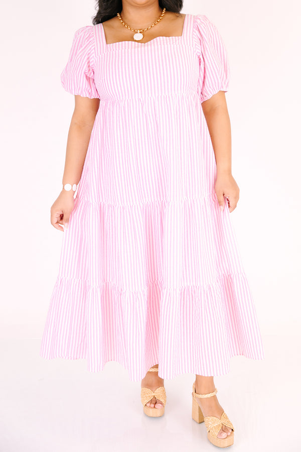 Chic Soul plus size clothing, light pink striped tiered maxi dress with bubble sleeves and a square neckline 
