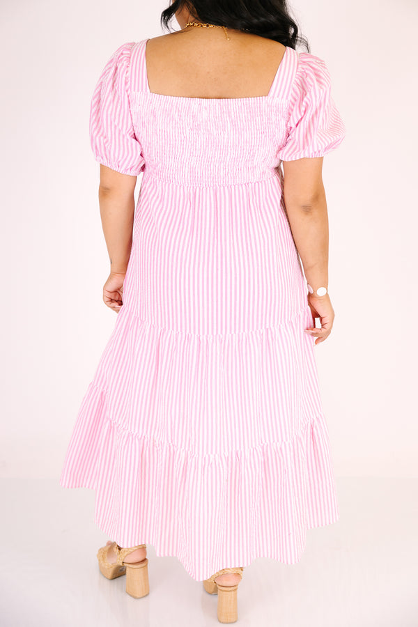 Chic Soul plus size clothing, light pink striped tiered maxi dress with bubble sleeves and a square neckline 
