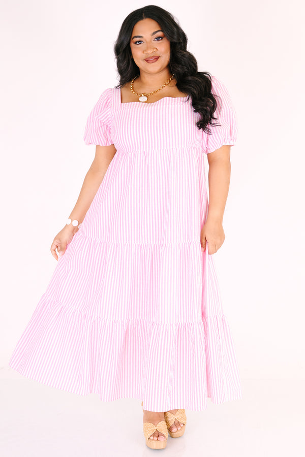 Chic Soul plus size clothing, light pink striped tiered maxi dress with bubble sleeves and a square neckline 
