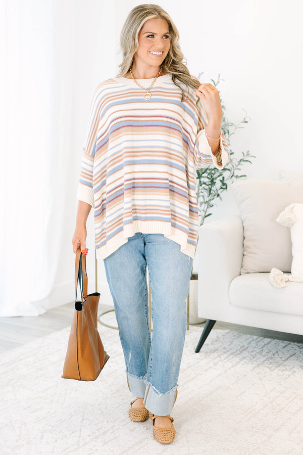 Plus Size oversized striped sweater in brown multi with drop shoulders and short sleeves.