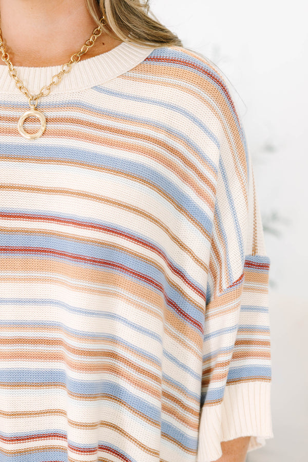 Plus Size oversized striped sweater in brown multi with drop shoulders and short sleeves.