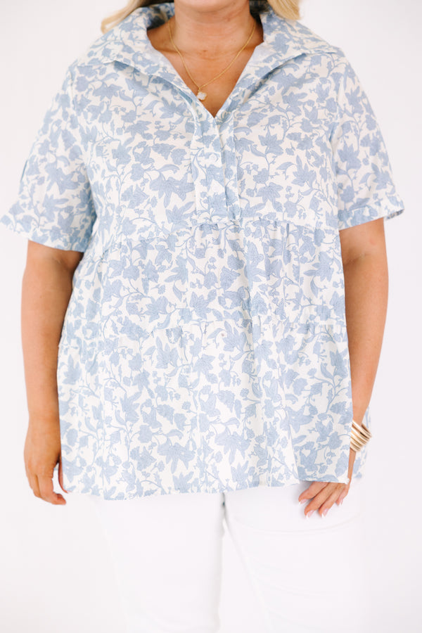 Chic Soul plus size clothing, light blue toile floral print short sleeve tiered baby doll top with v neckline