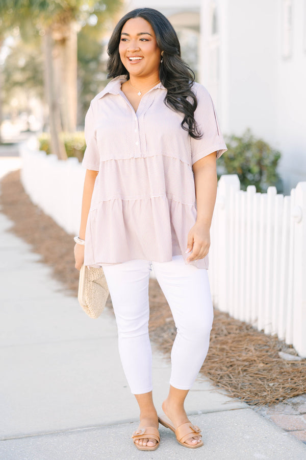 Chic Soul plus size clothing, brown tiered baby doll top with short sleeves that have a cuff at the end of the sleeve as well as buttons going down to the bottom of chest and a micro striped pattern throughout 
