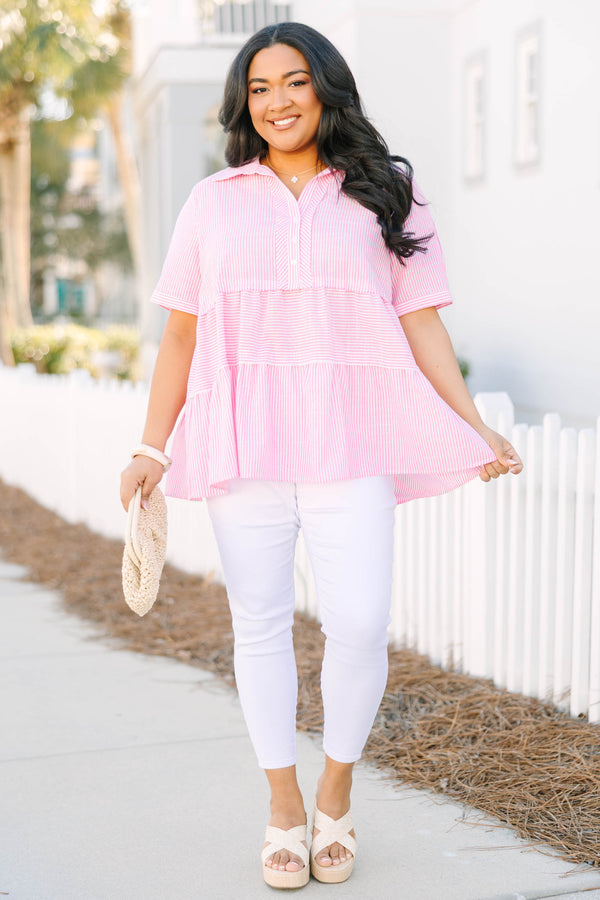 Chic Soul plus size clothing, pink short sleeve tiered baby doll top with buttons going down to the chest area as well as a collar and a striped pattern throughout