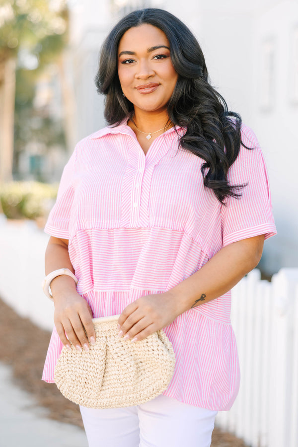 Chic Soul plus size clothing, pink short sleeve tiered baby doll top with buttons going down to the chest area as well as a collar and a striped pattern throughout