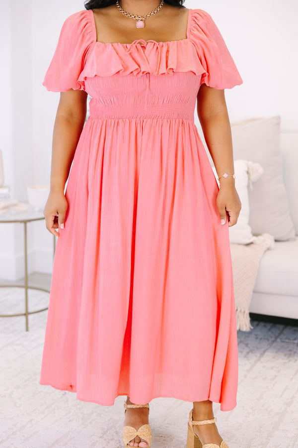 Plus Size coral midi dress with a ruffled off-the-shoulder neckline and smocked bodice.