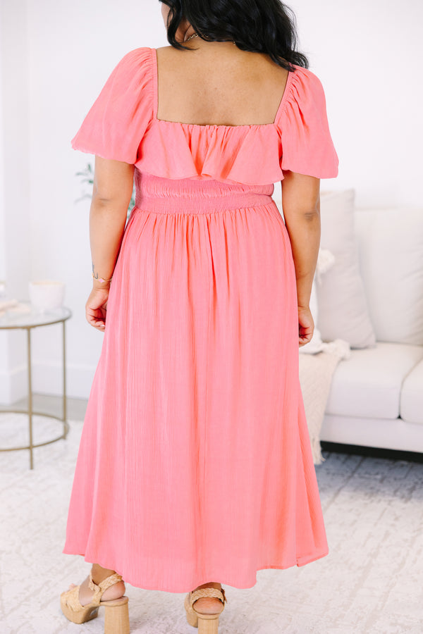 Plus Size coral midi dress with a ruffled off-the-shoulder neckline and smocked bodice.