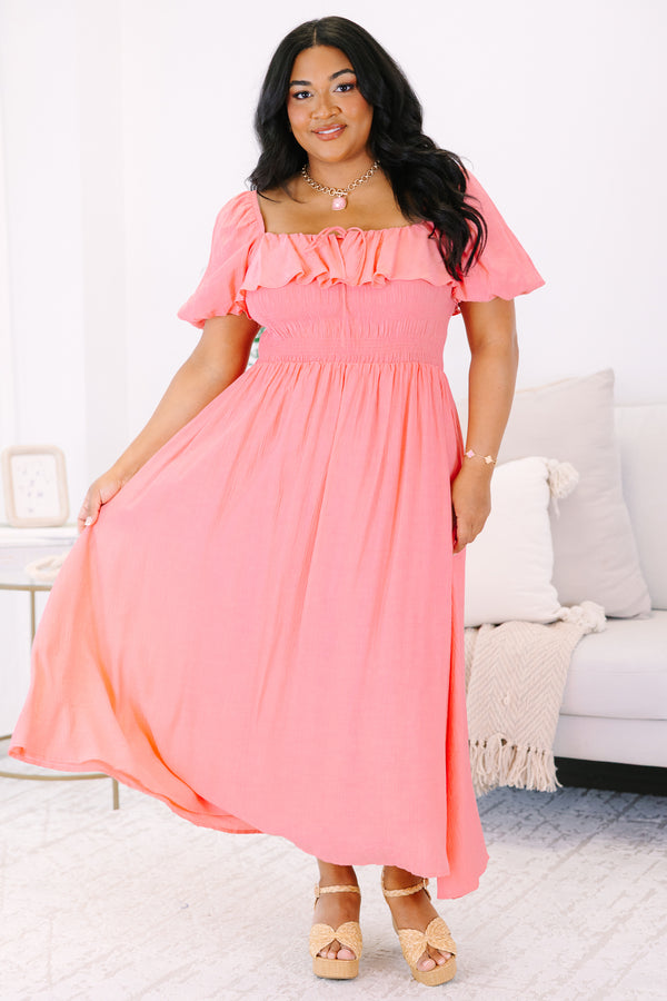 Plus Size coral midi dress with a ruffled off-the-shoulder neckline and smocked bodice.