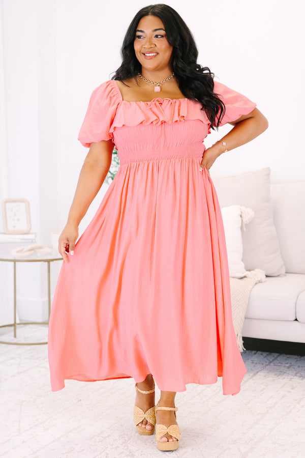 Plus Size coral midi dress with a ruffled off-the-shoulder neckline and smocked bodice.