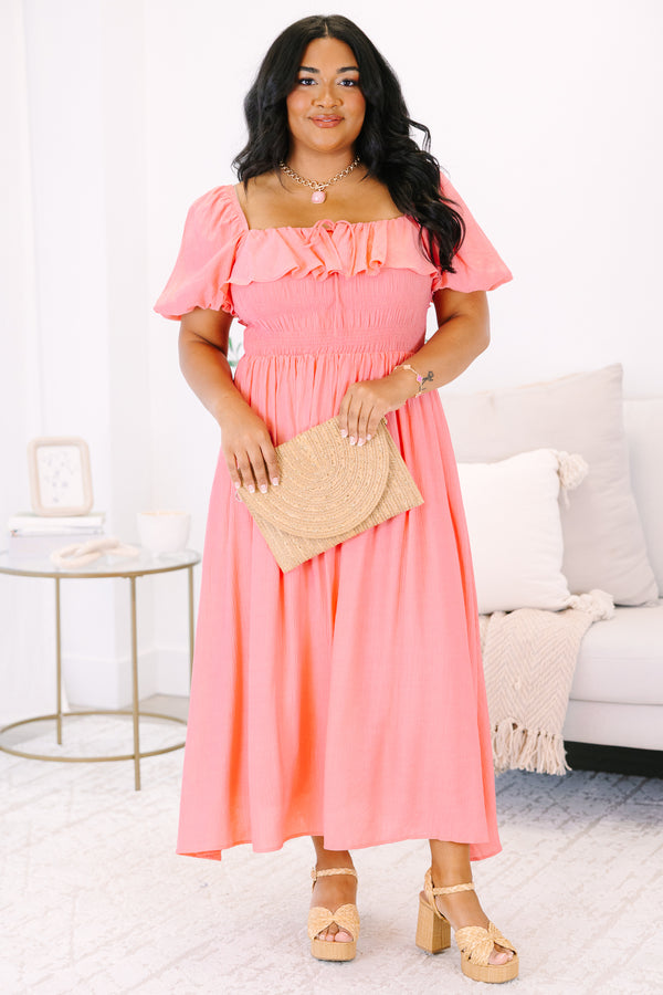Plus Size coral midi dress with a ruffled off-the-shoulder neckline and smocked bodice.