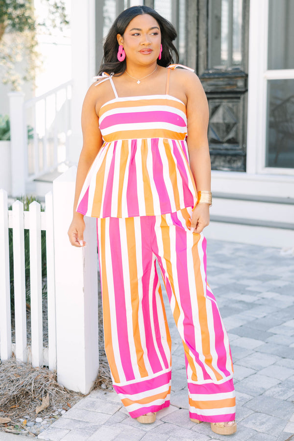 Chic Soul plus size clothing, baby doll sleeveless top with horizontal pink orange and white stripes on the chest area and vertical stripes under the chest area 