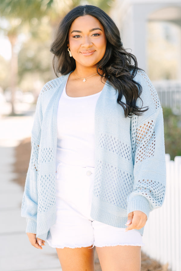 Chic Soul plus size clothing, light blue long sleeve open front knit cardigan
