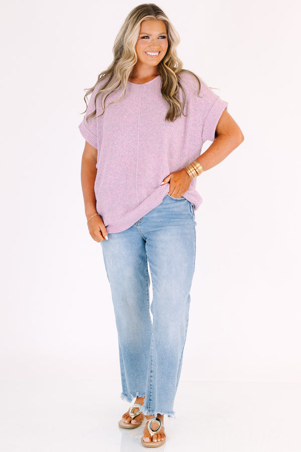 Chic Soul plus size clothing, pink short sleeve sweater with gray speckles and cuff sleeves