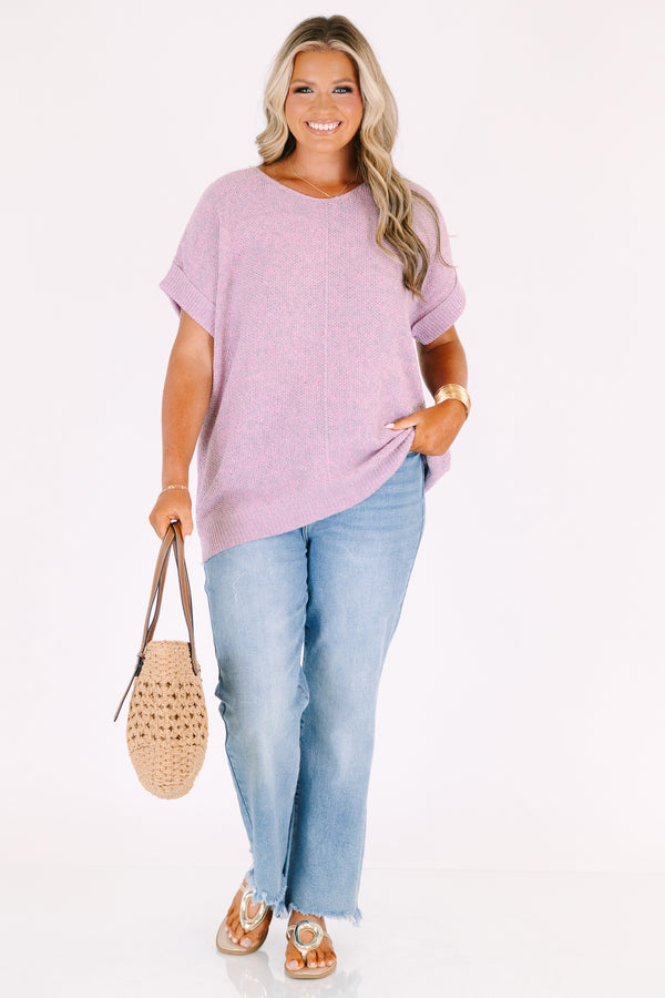 Chic Soul plus size clothing, pink short sleeve sweater with gray speckles and cuff sleeves