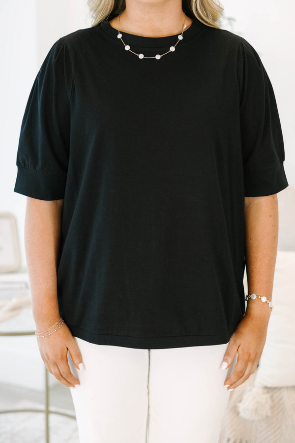 Chic Soul plus size clothing, black short sleeve top with banded sleeves