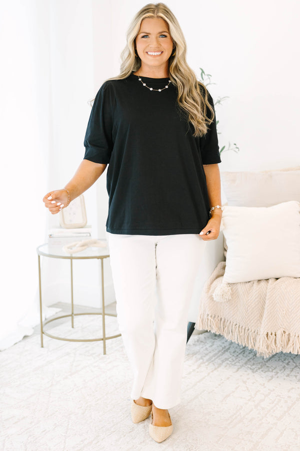 Chic Soul plus size clothing, black short sleeve top with banded sleeves
