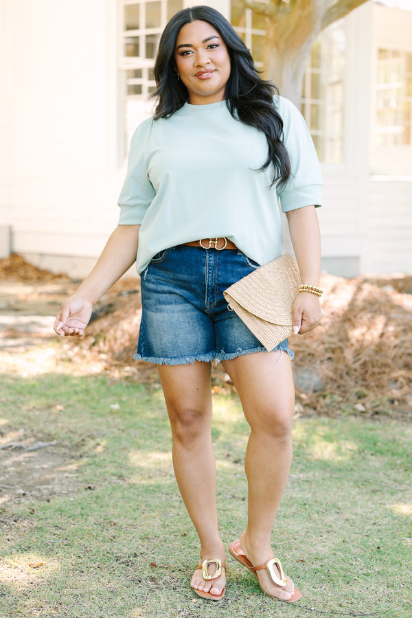 Chic Soul plus size clothing, green short sleeve top with banded sleeves