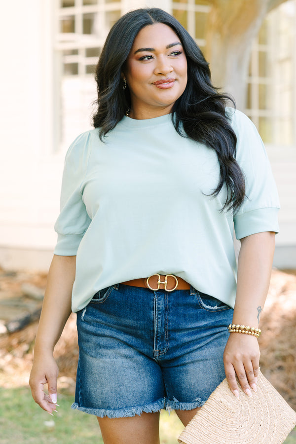 Chic Soul plus size clothing, green short sleeve top with banded sleeves