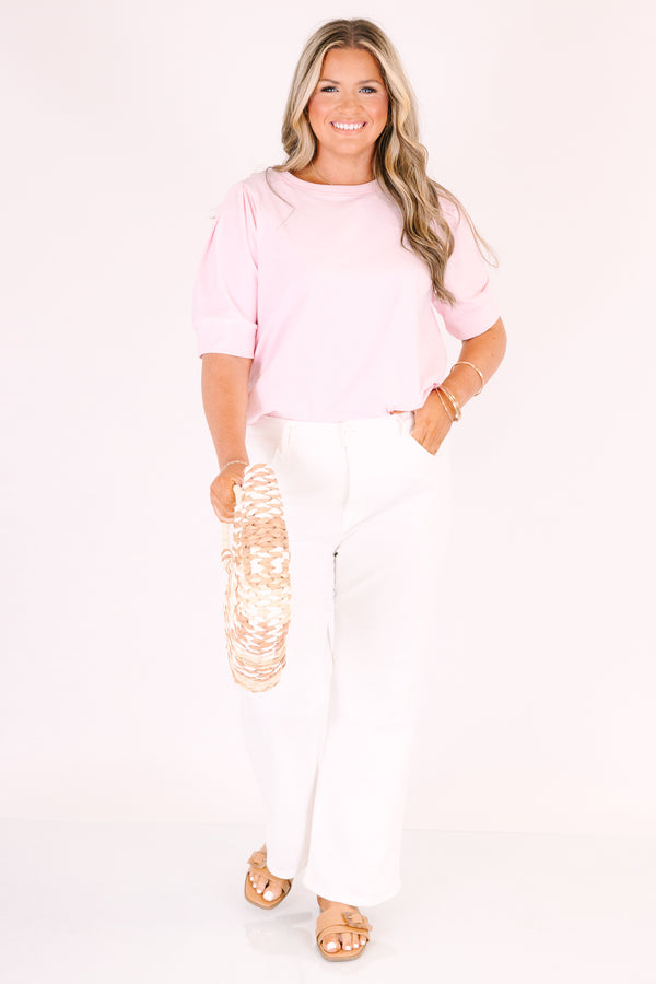 Chic Soul plus size clothing, pink solid color top short sleeve top with cuffs at the end of each sleeve 