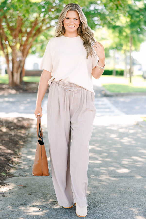 Mocha high-waisted wide-leg palazzo pants with an elastic paper bag waist and self-tie drawstring.