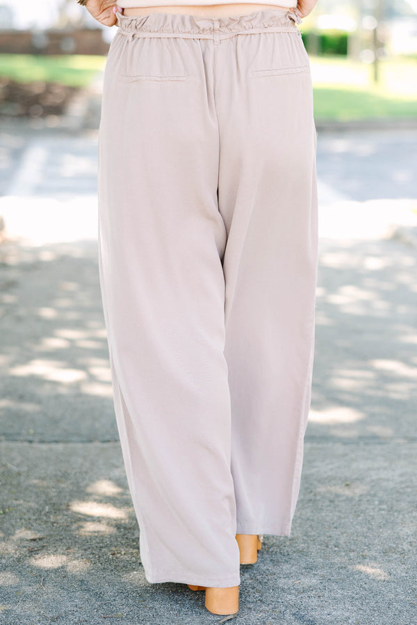 Mocha high-waisted wide-leg palazzo pants with an elastic paper bag waist and self-tie drawstring.