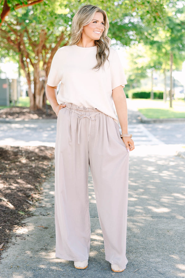 Mocha high-waisted wide-leg palazzo pants with an elastic paper bag waist and self-tie drawstring.