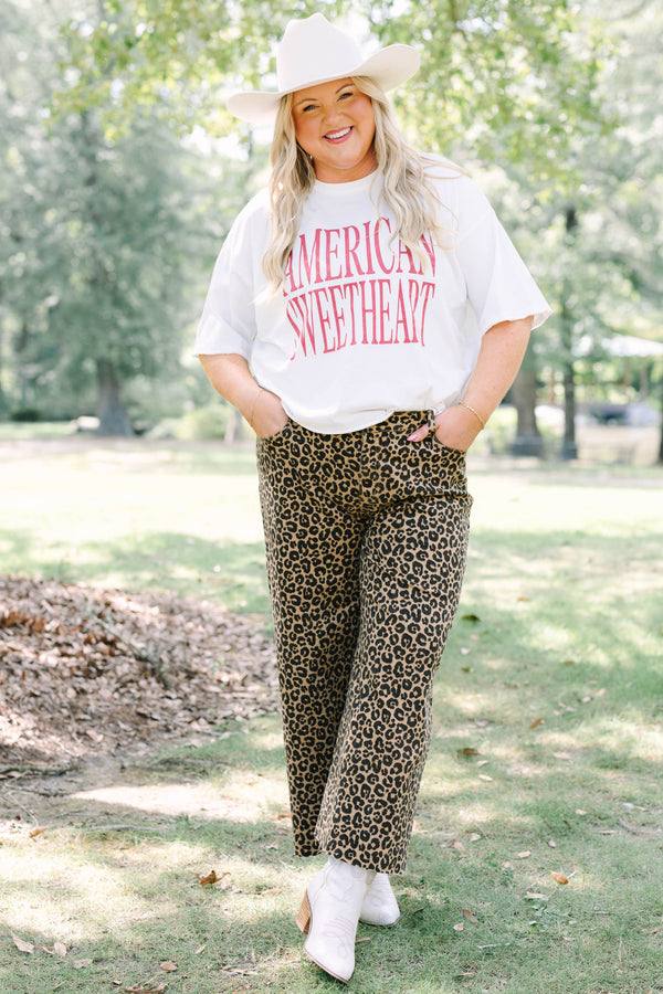 Plus Size white vintage wash tee with red American Sweetheart text and leopard print pants.