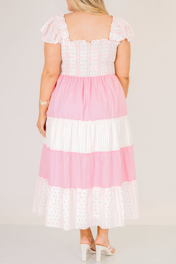 Chic Soul plus size clothing, white and light pink floral and light pink colorblock maxi dress with ruffle short sleeves and stretchy top of dress