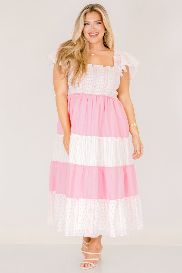 Chic Soul plus size clothing, white and light pink floral and light pink colorblock maxi dress with ruffle short sleeves and stretchy top of dress