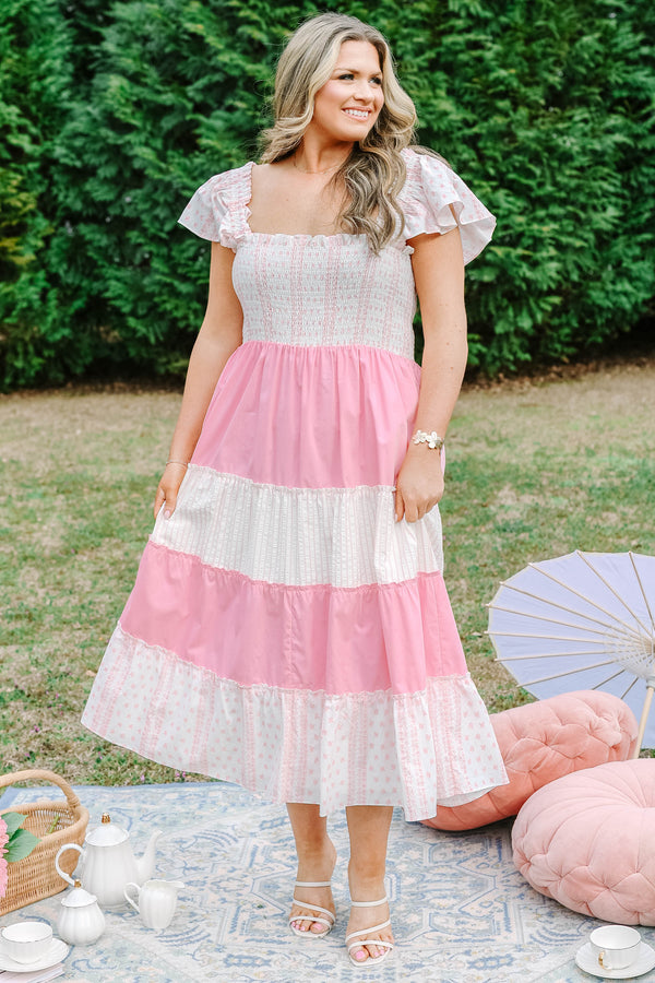 Chic Soul plus size clothing, white and light pink floral and light pink colorblock maxi dress with ruffle short sleeves and stretchy top of dress
