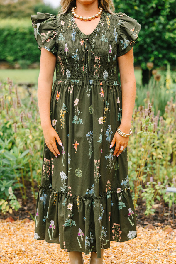 Plus Size green floral midi dress with ruffle cap sleeves, a smocked bodice, and a tiered skirt.