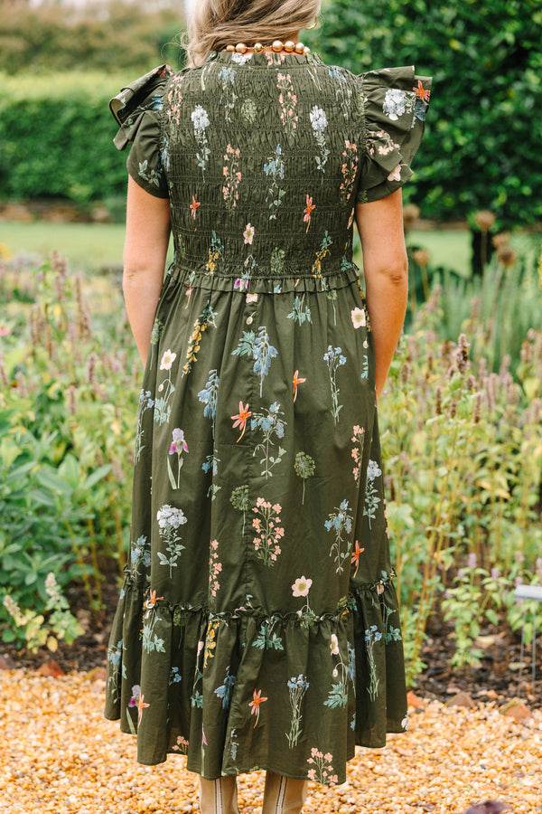 Plus Size green floral midi dress with ruffle cap sleeves, a smocked bodice, and a tiered skirt.