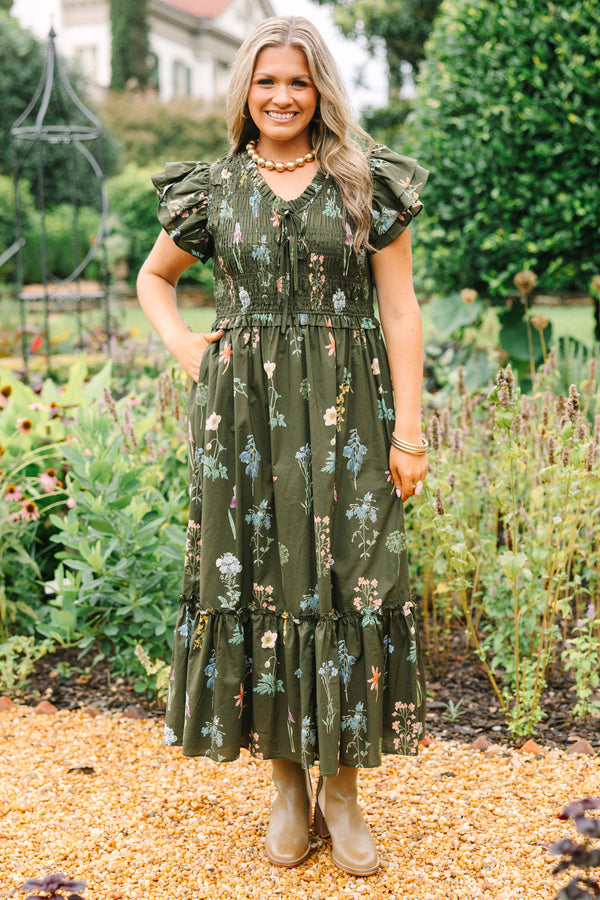Plus Size green floral midi dress with ruffle cap sleeves, a smocked bodice, and a tiered skirt.
