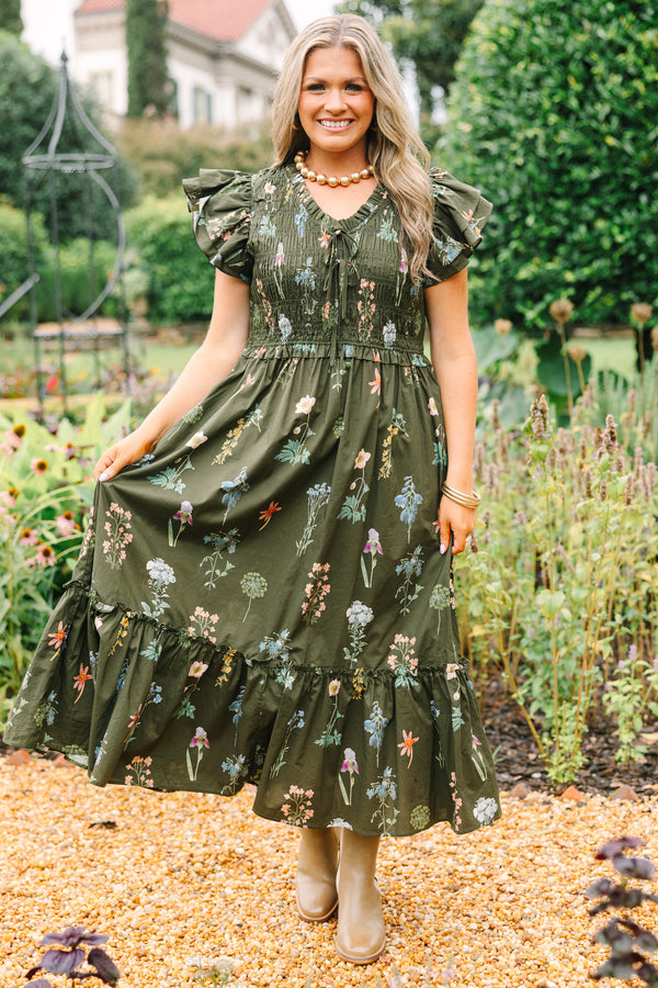 Plus Size green floral midi dress with ruffle cap sleeves, a smocked bodice, and a tiered skirt.