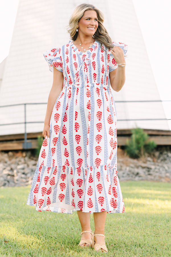 Plus Size midi dress with red leaf print, blue geometric stripes, flutter sleeves, and tiered skirt.