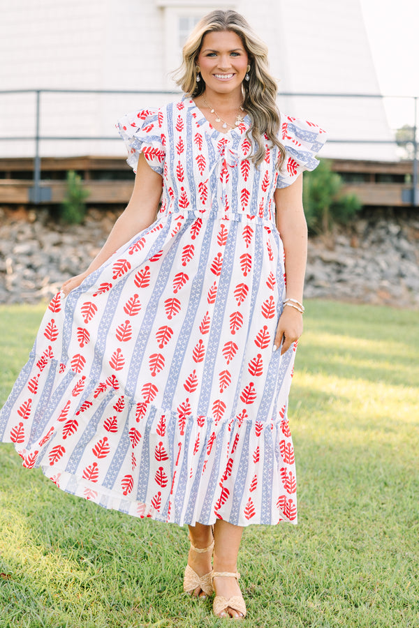 Plus Size midi dress with red leaf print, blue geometric stripes, flutter sleeves, and tiered skirt.