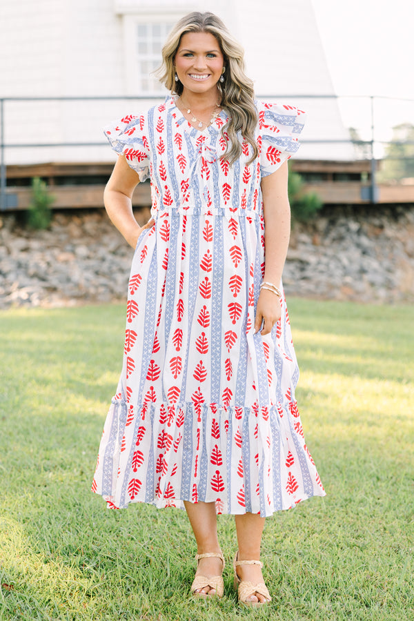 Plus Size midi dress with red leaf print, blue geometric stripes, flutter sleeves, and tiered skirt.