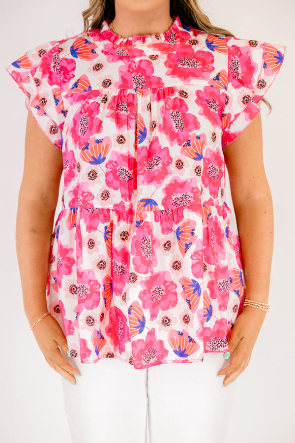Chic Soul plus size clothing, pink and white large floral tank top with flutter sleeves and high neckline