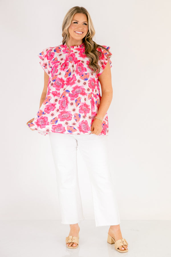Chic Soul plus size clothing, pink and white large floral tank top with flutter sleeves and high neckline