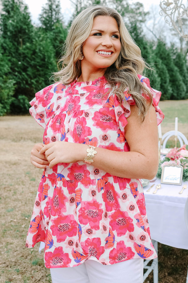 Chic Soul plus size clothing, pink and white large floral tank top with flutter sleeves and high neckline