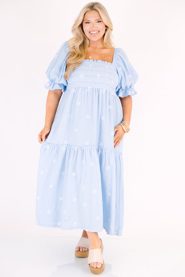 Chic Soul plus size clothing, light blue maxi dress with a square neckline and stitching details on the chest area as well as bubble sleeves that have a ruffle detail on the end of each sleeve and a white floral embroidered pattern throughout