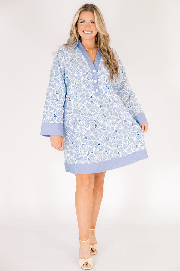 Chic Soul plus size clothing, light blue and white floral long sleeve shift dress with button up collar 
