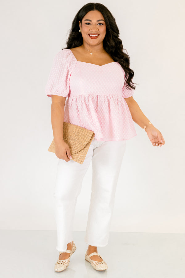 Chic Soul plus size clothing, light pink square neck puff sleeve baby doll peplum top with grid texture fabric