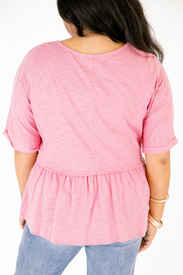 Chic Soul plus size clothing, pink short sleeve ruffle peplum top