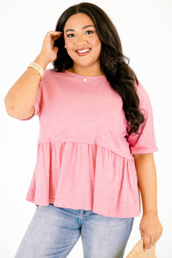 Chic Soul plus size clothing, pink short sleeve ruffle peplum top