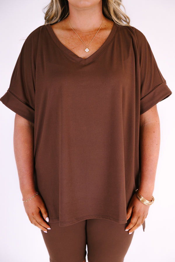 Plus Size mocha two-piece set featuring a v-neck short sleeve tunic top and matching biker shorts.