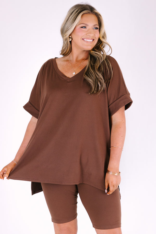 Plus Size mocha two-piece set featuring a v-neck short sleeve tunic top and matching biker shorts.