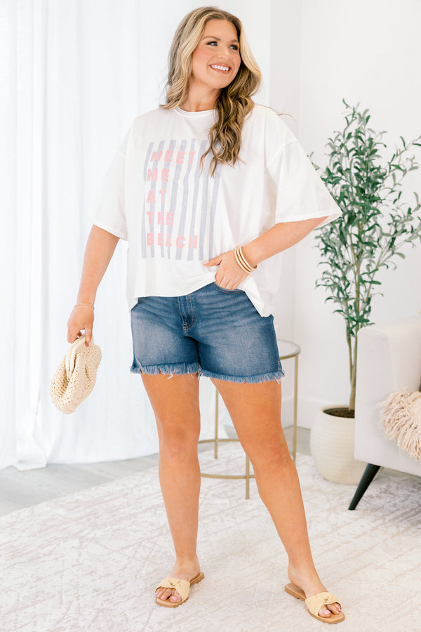Chic Soul plus size clothing, white oversized boyfriend tee with blue horizontal stripes and 