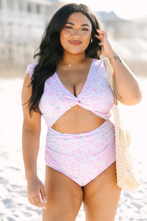 Plus Size pink floral one-piece swimsuit with flutter sleeves and a front cutout.