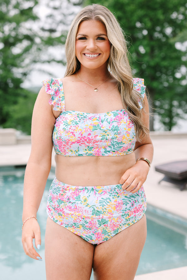 Plus Size floral mix swim top with ruffled straps and a square neckline.